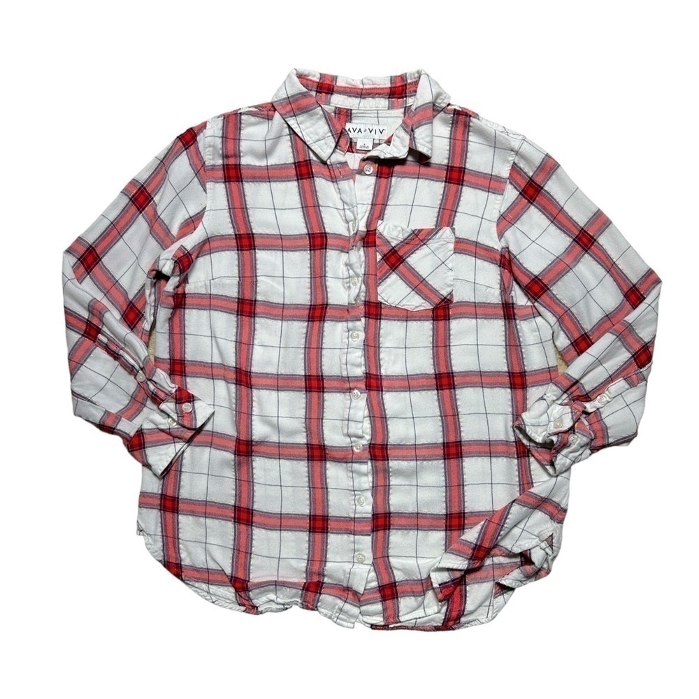 Ava & Viv White & Red Plaid Button Down Long Sleeve Top US 0X